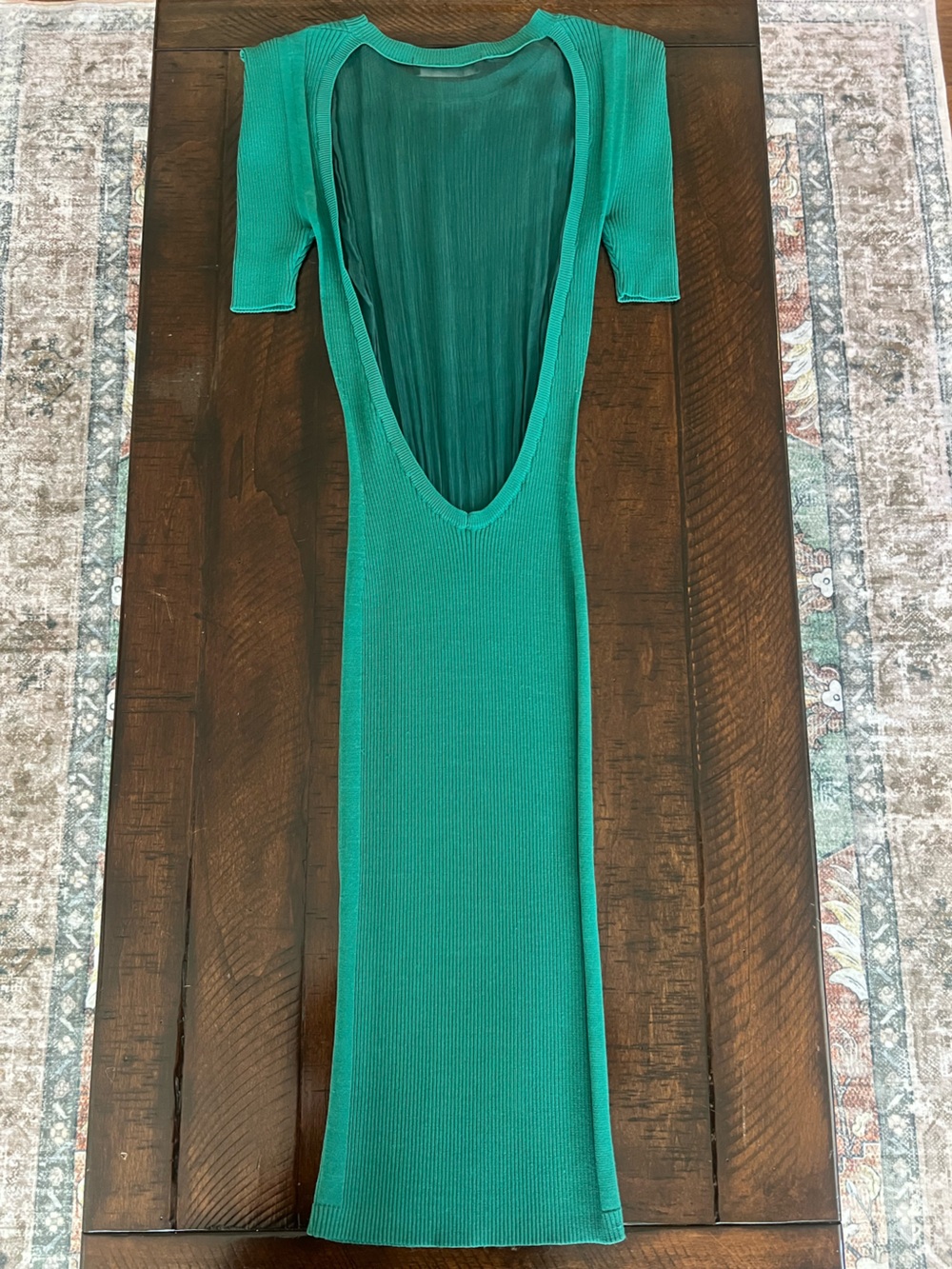 Stella & Jamie Ribbed Knit Midi Dress Open Back Emerald Green Bodycon